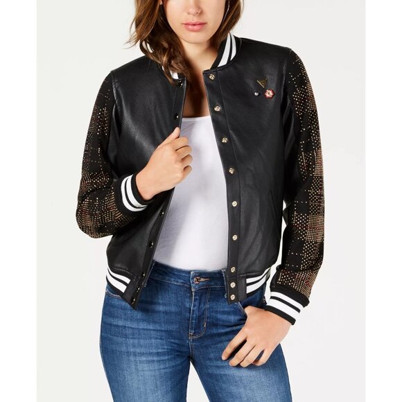Guess Los Angeles Womens Varsity Jacket M Black With Studded Sleeves RHH10569 - Picture 1 of 12